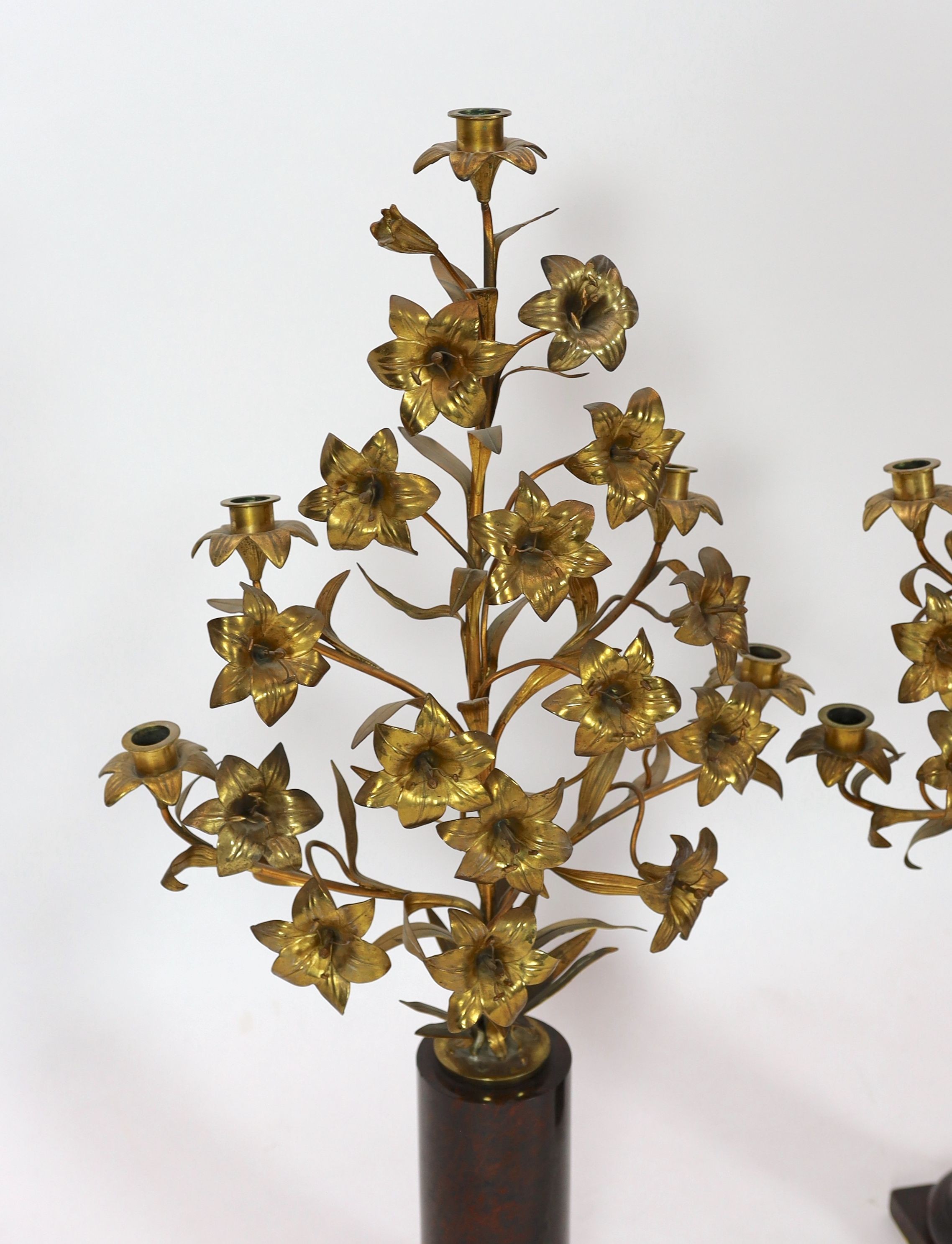 A pair of 19th century French ormolu five light candelabra modelled as lilies, width 45cm height 85cm